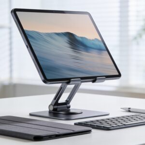 Samsung Galaxy Tab S7 Lite על מעמד לצד עט ומקלדת